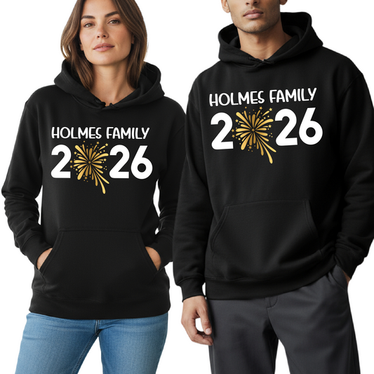 Custom Family New Year 2026 Hoodie – Personalized Holiday Hooded Sweatshirt